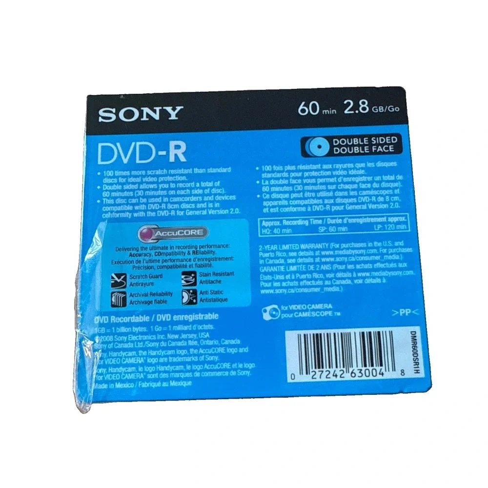 Sony Handycam Dvd-R 3 Pack 60min 2.8GB Double Sided Double Faced Discs SEALED